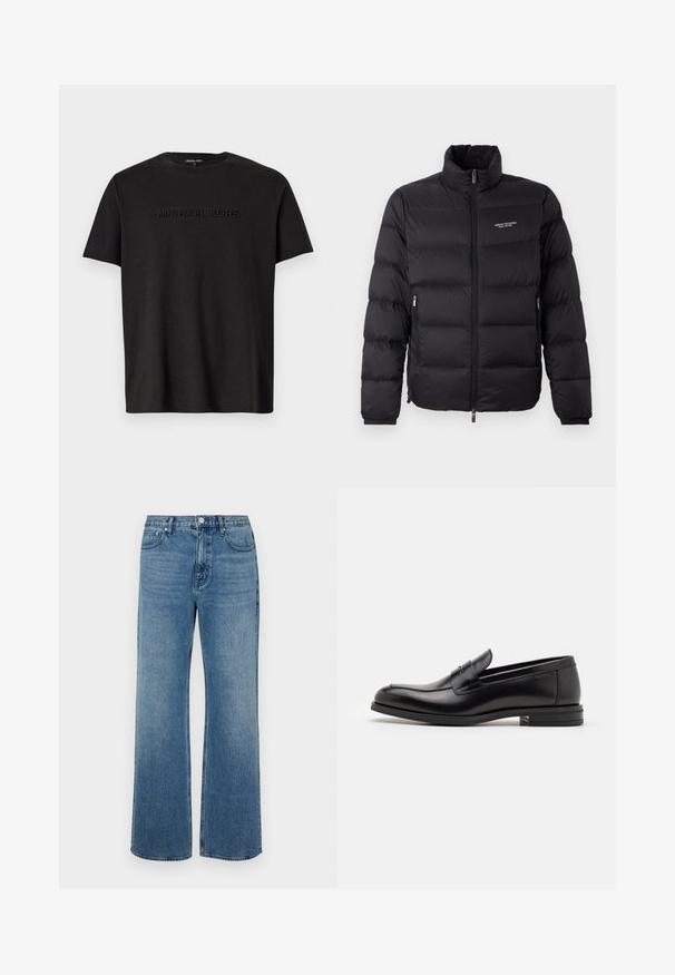 Sort pufferjakke med høj krave, med en frontlynlås og to sidelommer. Let quiltet stof med mærkets logo på brystet.; Sort bomulds T-shirt med korte ærmer, prydet med et svagt præget "MICHAEL KORS" logo på brystet og klassisk rund halsudskæring.; Bredde ben blå jeans lavet af denim med en falmet finish. Har fem lommer, en frontknaplukning og en lige pasform.; Sorte læderloafers med en glat overflade, rund tå og en dekorativ strop over vampen. Lav hæl med stabeldesign, minimalistisk stil.