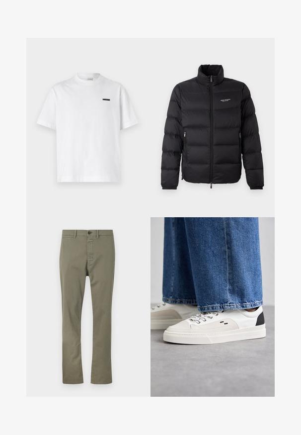 Musternõelaga must puffer jakk kõrge kaelusega, esisilindiga ja kahe küljetaskuga. Kergelt tikitud kangas brändi logoga rinnal.; Valgest puuvillast t-särgist, millel on ringkaelus. Ees on väike must silt. Lühikesed varrukad ja lõtv lõige.; Oliivrohelised püksid, mis on valmistatud puuvillasegust materjalist, millel on tõmblukk ja nööbi kinnitamine ning küljetaskud. Sirge sääredisain ja sile tekstuur.; Valged ja mustad spordijalatsid sileda nahkpealise, tekstuursete aktsentidega ja paksu valge tallaga. Omab klassikalist nööbistamise disaini.