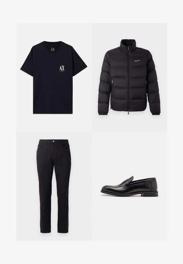 Zwarte pufferjack met een hoge kraag, voorzien van een voorrits en twee zijzakken. Licht gewatteerde stof met het merkimpressie op de borst.; Zwarte katoenen T-shirt met korte mouwen, ronde hals en wit logo op de linkerborst. Glad oppervlak en een ontspannen pasvorm.; Zwarte katoenbroek met een rechte pasvorm, voorzien van een knoopsluiting, twee voorzakken en een soepele textuur.; Zwarte leren instappers met een gladde textuur, ronde neus en een decoratieve band over de wreef. Lage, gestapelde hak en minimalistisch ontwerp.