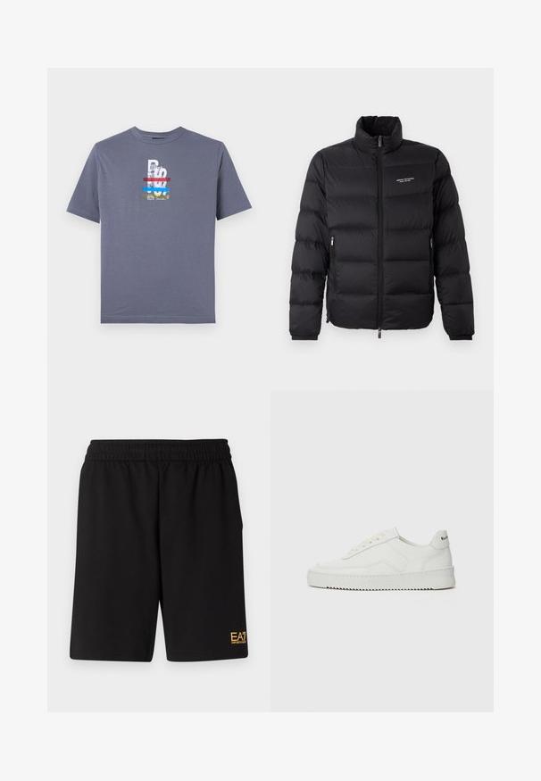 Sort pufferjakke med høj krave, med en frontlynlås og to sidelommer. Let quiltet stof med mærkets logo på brystet.; Grå bomulds t-shirt med et flerfarvet grafisk design med tekst og en tigerillustration, rund halsudskæring og korte ærmer.; Sorte atletiske shorts lavet af blødt stof, med en elastisk talje og et lille gult EA7-logo nederst på venstre ben.; Hvide lædersneakers med en glat overflade, rund tå, flade snørebånd og en tekstureret sål. Har et diskret logo på hælen.