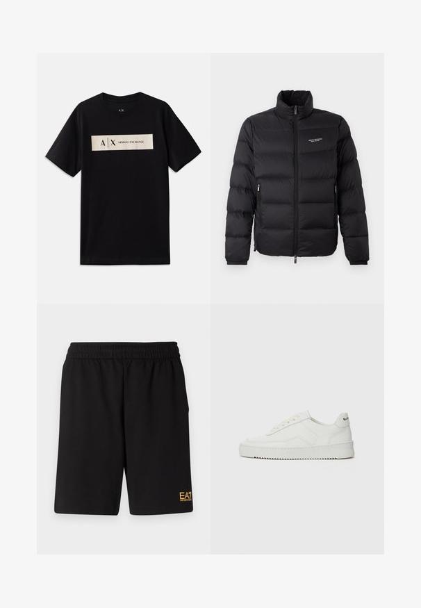 Juodas pūkinis švarkas su aukštu kaklu, turintis priekinį užtrauktuką ir dvi šonines kišenes. Lengvai siuvinėta medžiaga su prekės ženklu krūtinėje.; Juodas trumpas rankovės marškinėlis su apvaliu kaklu ir stačiakampiu bežiniu logotipo ženkleliu, kuriame parašyta "A|X Armani Exchange", per krūtinę.; Juoda sportinė šortai, pagaminti iš minkštos medžiagos, su elastingu diržu ir maža geltona EA7 logo apatinėje kairėje kojoje.; Balti odiniai sportiniai bateliai su lygia apdaila, apvaliu pirštu, plokščiais raišteliais ir tekstūruotu padu. Pasižymi subtiliu logotipu ant kulno.