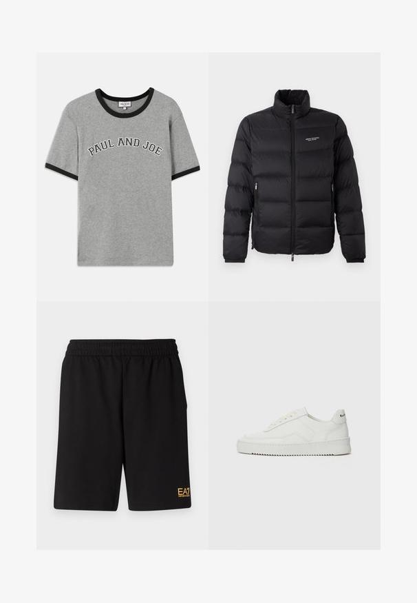 Doudoune noire avec un col haut, dotée d'une fermeture éclair à l'avant et de deux poches latérales. Tissu légèrement matelassé avec le logo de la marque sur la poitrine.; T-shirt en coton gris avec col et manches côtelés noirs, arborant le texte "PAUL AND JOE" en lettres blanches en arc à l'avant.; Shorts de sport noirs en tissu doux, avec une taille élastique et un petit logo jaune EA7 sur le bas de la jambe gauche.; Baskets en cuir blanc avec une finition lisse, bout arrondi, lacets plats et semelle texturée. Présente un logo discret sur le talon.