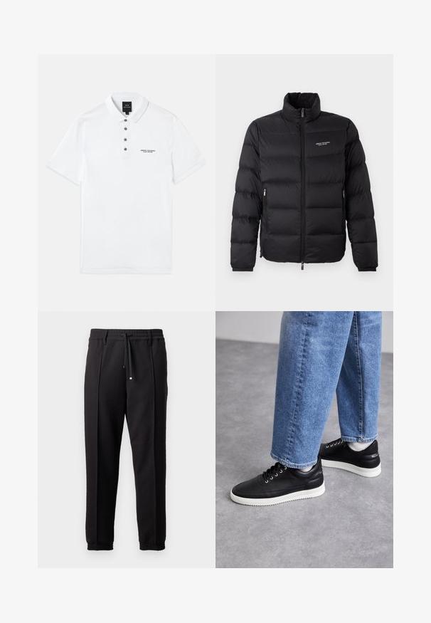 Giubbotto imbottito nero con colletto alto, dotato di una zip frontale e due tasche laterali. Tessuto leggermente trapuntato con logo del marchio sul petto.; Polo shirt bianco in cotone con maniche corte, colletto, cinque bottoni scuri e logo ricamato "Armani Exchange" sul petto.; Pantaloni neri con cintura, cordoncino e polsini elasticizzati. Presentano pieghe e un tessuto liscio e strutturato.; Sneakers in pelle nera con suole in gomma bianca, dotati di lacci rotondi, superficie liscia e un sottile marchio sul tallone. Indossati con jeans blu.