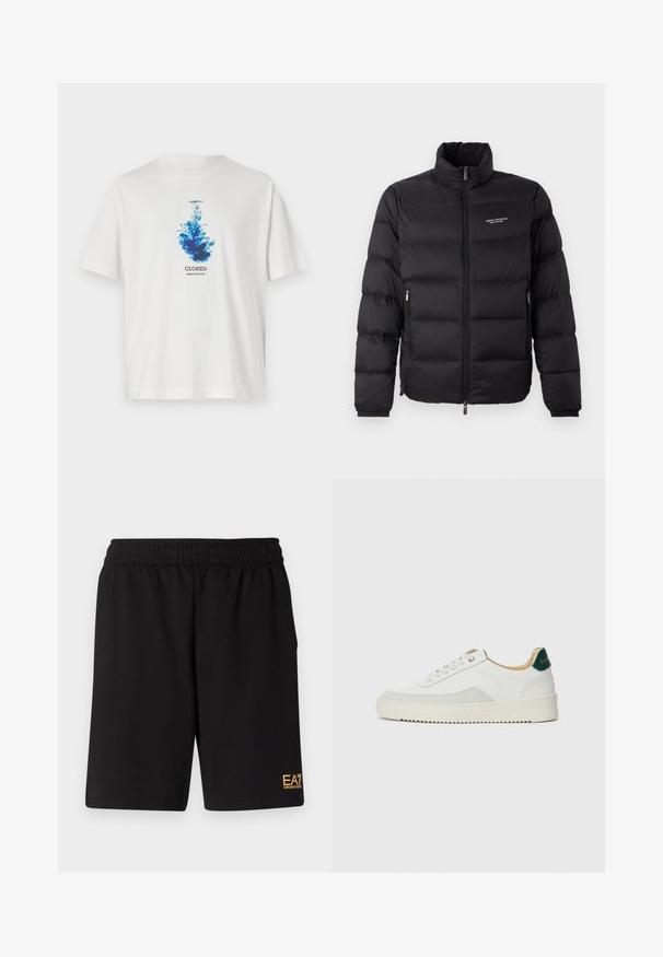 Musternõelaga must puffer jakk kõrge kaelusega, esisilindiga ja kahe küljetaskuga. Kergelt tikitud kangas brändi logoga rinnal.; Valge puuvillane T-särk, millel on sinine graafika, mis meenutab tindihajumist, ja sõnad "SULETUD" ning "INDIGO SÜST" on kujutise all trükitud.; Mustad mustad lühikesed püksid, mis on valmistatud pehmest kangast. Omavad elastset vöökohta ja väikest kollast EA7 logo vasakul jalal.; Valged tennisjalanõud, millel on sametised aktsendid, ümar varvas, lame nöörid ja kreemjas kummine põhja. Hästi nähtav roheline bränding kannal.
