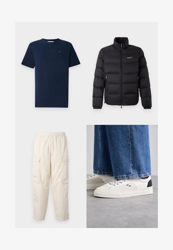 Czarna kurtka puchowa z wysokim kołnierzem, z zamkiem błyskawicznym z przodu i dwoma bocznymi kieszeniami. Lekko pikowany materiał z logo marki na klatce piersiowej.; Granatowy t-shirt z krótkim rękawem wykonany z bawełny, z okrągłym dekoltem i małym białym emblematem na piersi; gładka faktura.; Beżowe spodnie cargo z elastycznym pasem, wyposażone w dwie boczne kieszenie oraz miękki, lekki materiał. Zmarszczona tekstura.; Białe i czarne sneakersy z gładką skórzaną cholewką, teksturowanymi akcentami oraz masywną białą podeszwą. Posiadają klasyczny system sznurowania.