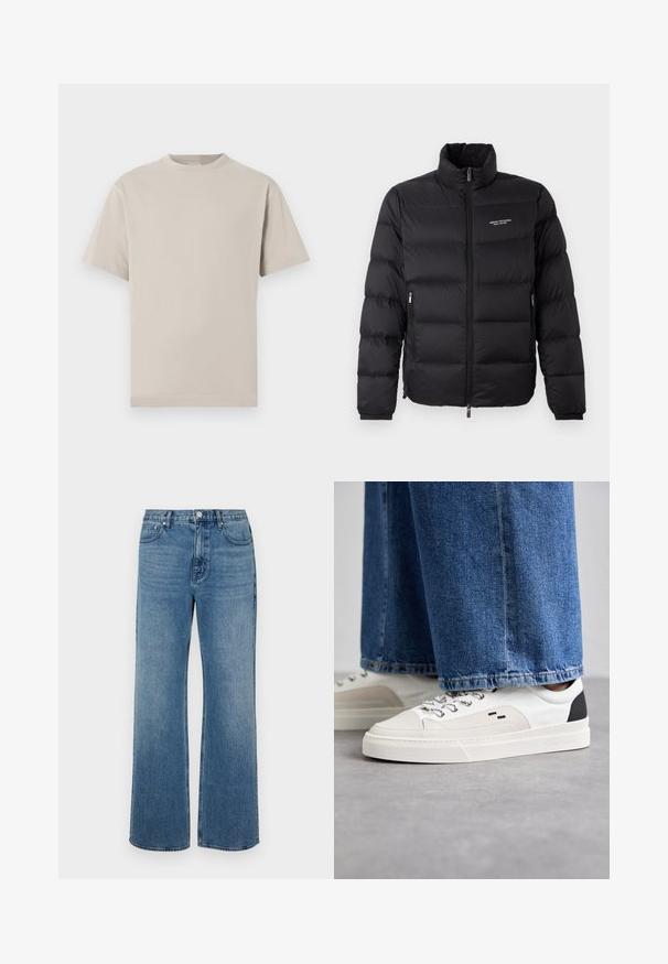 Svart pufferjakke med høy krage, utstyrt med glidelås foran og to sidelommer. Lett quiltet stoff med merkevarelogo på brystet.; Lys beige bomull t-skjorte med rund hals, korte ermer og rett falm. Glatt tekstur uten mønstre eller dekorasjoner.; Bredde ben blå jeans laget av denim med en falmet finish. Har fem lommer, frontlukking med knapper og rett snitt.; Hvite og svarte joggesko med en glatt læroverdel, teksturerte detaljer og en kraftig hvit såle. Har en klassisk snøring.