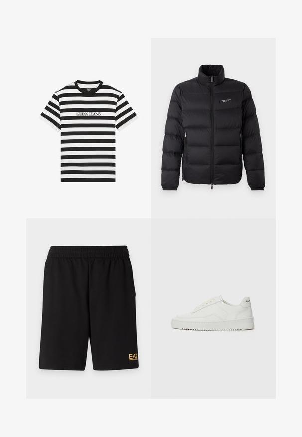 Zwarte pufferjack met een hoge kraag, voorzien van een voorrits en twee zijzakken. Licht gewatteerde stof met het merkimpressie op de borst.; Zwart-wit gestreepte t-shirt van katoen, met een ronde hals en het geborduurde "GUESS JEANS" logo op de voorkant.; Zwarte sportshorts van zacht materiaal, met een elastische tailleband en een klein geel EA7-logo op de onderste linkeronderbroek.; Witte leren sneaker met een gladde afwerking, ronde neus, platte veters en een gestructureerde zool. Kenmerkt zich door een subtiel logo op de hiel.
