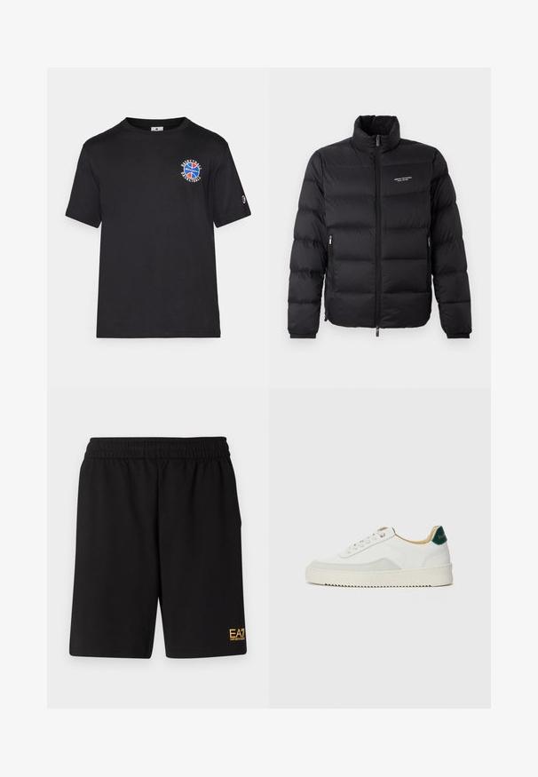 Geacă puffer neagră cu guler înalt, având fermoar pe față și două buzunare laterale. Material ușor căptușit cu logo-ul mărcii pe piept.; Tricou negru din bumbac, cu mâneci scurte, având un grafic circular de baschet roșu, albastru și alb pe piept și un mic logo pe mânecă.; Shorts atletici negri dintr-un material moale, având o talie elastică și un mic logo galben EA7 pe partea inferioară a piciorului stâng.; Sneaker alb cu accente din suede, vârf rotund, șireturi plate și o talpă din cauciuc crem. Are un logo verde pe călcâie.