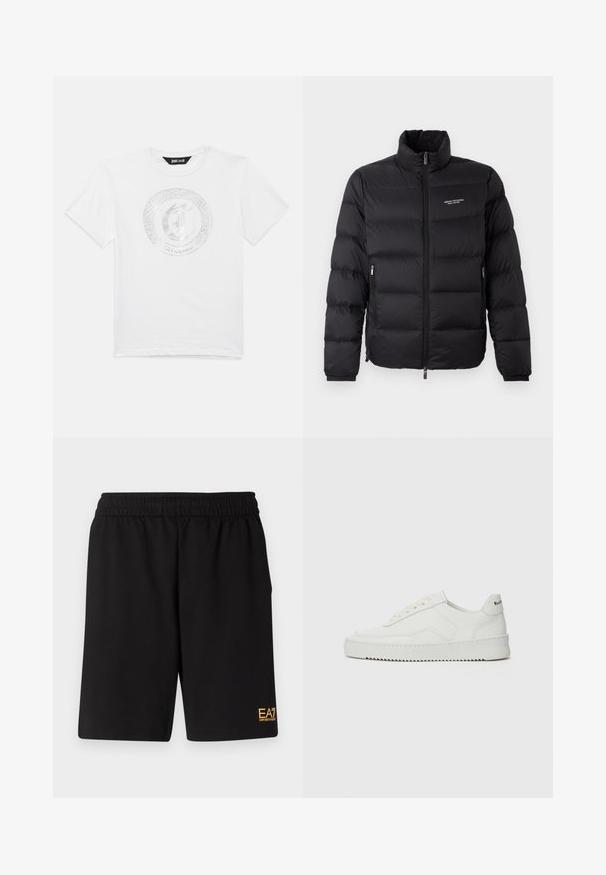 Mustapuffer-takki korkealla kauluksella, jossa on etuvetoketju ja kaksi sivutaskua. Keeledynelty kangas, jossa brändin logo rinnassa.; Valkoinen lyhythihainen T-paita, jossa on pyöreä kaula-aukko. Etupuolella hopeinen ympyräinen käärme ja kirjaimen "J" logo sekä teksti "Just Cavalli".; Mustat urheilushortsit, jotka on valmistettu pehmeästä kankaasta. Kengissä on joustava vyötärönauha ja pieni keltainen EA7-logo vasemmassa alakulmassa.; Valkoinen nahkakenkä, jossa on sileä pinta, pyöreä kärki, tasaiset nauhat ja teksturoitu pohja. Sisältää huomaamattoman logon kantapäässä.