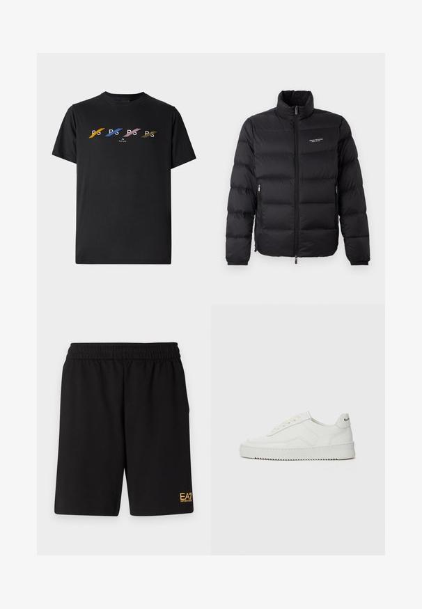 Černá péřová bunda s vysokým límcem, vybavená předním zipem a dvěma bočními kapsami. Lehce prošívaná látka s logem značky na hrudi.; Černé bavlněné tričko s barevným potiskem, na kterém jsou písmena "P" a "S" v žluté, modré, růžové a zelené barvě, umístěná na středu hrudi.; Černé sportovní šortky vyrobené z měkké látky, s elastickým pasem a malým žlutým logem EA7 na dolní části levé nohy.; Bílé kožené tenisky s hladkým povrchem, kulatou špičkou, plochými tkaničkami a texturovanou podrážkou. Na patě se nachází nenápadné logo.