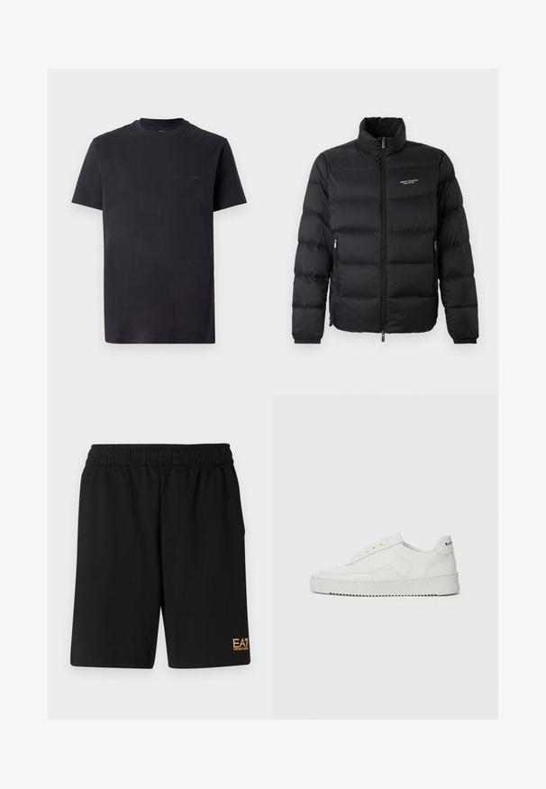 Fekete puffernadrág magas gallérral, elülső cipzárral és két oldalsó zsebbel. Enyhén steppelt anyag, márk логóval a mellkason.; Fekete pamutt póló, kerek nyakkal, rövid ujjú és domború logó részlettel a mellkason. Simaság és laza fazon jellemzi.; Fekete sportnadrág puha anyagból, rugalmas derékkal és egy kis sárga EA7 logóval a bal alsó lábszáron.; Fehér bőr sportcipő sima felülettel, kerek orral, lapos fűzőkkel és texturált talppal. Finom logó található a sarokon.