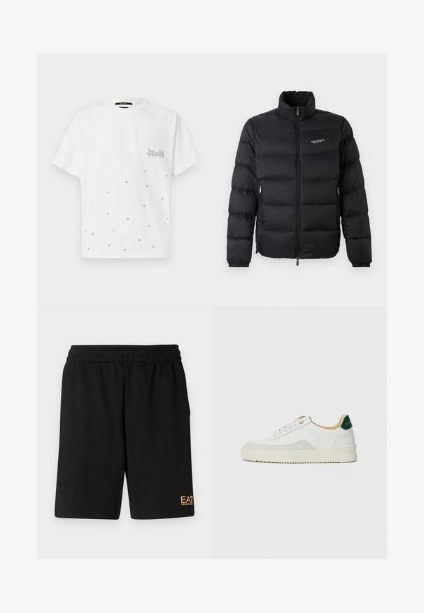 Melna pūkaina jaka ar augstu apkakli, ar priekšējo rāvējslēdzēju un divām sānu kabatām. Viegls, quiltēts audums ar zīmola logo uz krūtīm.; Balta kokvilnas T-krekls ar īsām piedurknēm, ar logotipu uz krūtīm un sīku metālu krustu izkaisītu rakstu.; Melnas sporta šortus, kas izgatavoti no mīksta auduma, ar elastīgu jostu un mazu dzeltenu EA7 logo zem kreisā kājas stūra.; Baltas sneakers ar zamša akcentiem, noapaļota purngala, plakaniem auklām un krēmkrāsas gumijas zoli. Ar zaļu zīmolu uz papēža.