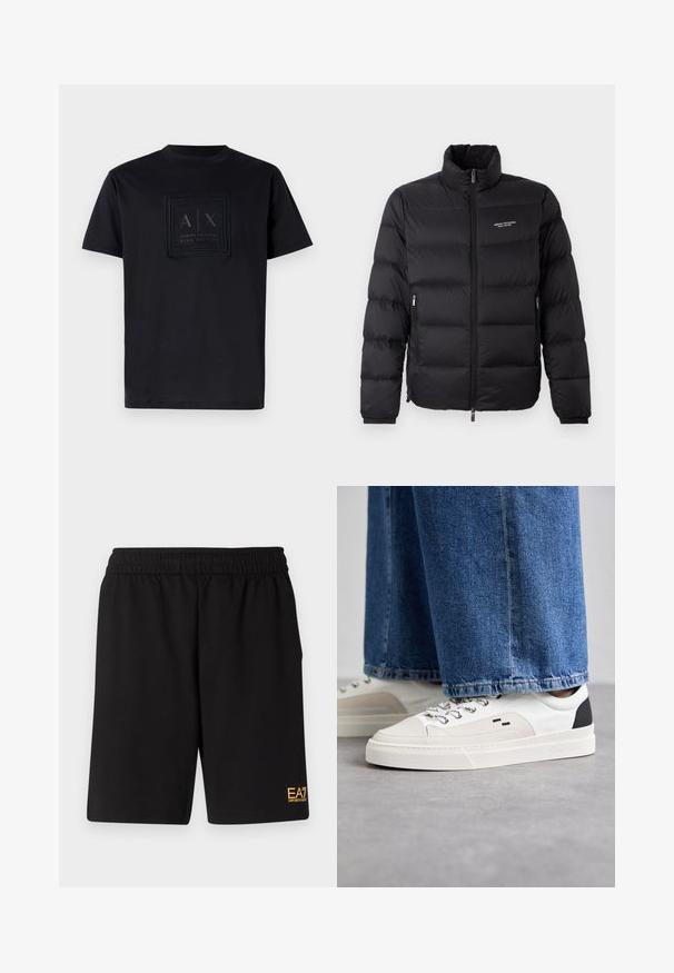 Melna pūkaina jaka ar augstu apkakli, ar priekšējo rāvējslēdzēju un divām sānu kabatām. Viegls, quiltēts audums ar zīmola logo uz krūtīm.; Melna kokvilnas t-krekls ar taisnstūra formas logo uzlīmi ar tekstu "A|X" un "Armani Exchange Blue Edition" tumšā krāsā priekšā. Apaļas kakla dizains.; Melnas sporta šortus, kas izgatavoti no mīksta auduma, ar elastīgu jostu un mazu dzeltenu EA7 logo zem kreisā kājas stūra.; Balti un melni apavi ar gludu ādas virsu, teksturētiem akcentiem un masīvu baltu zoli. Iespējojot klasisku šņorējamu dizainu.