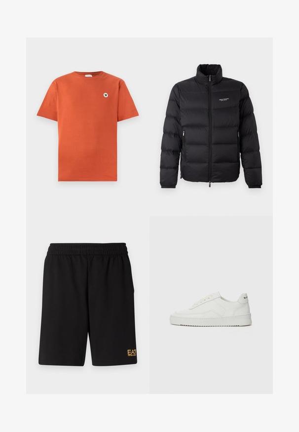 Sort pufferjakke med høj krave, med en frontlynlås og to sidelommer. Let quiltet stof med mærkets logo på brystet.; Bomulds T-shirt i brændt orange, standard pasform, rund halsudskæring, korte ærmer, med et lille rundt hvidt logo på brystet.; Sorte atletiske shorts lavet af blødt stof, med en elastisk talje og et lille gult EA7-logo nederst på venstre ben.; Hvide lædersneakers med en glat overflade, rund tå, flade snørebånd og en tekstureret sål. Har et diskret logo på hælen.