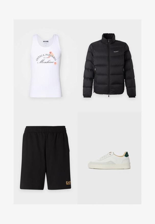 Μαύρο φούτερ μπουφάν με ψηλό γιακά, που διαθέτει μπροστινό φερμουάρ και δύο πλαϊνές τσέπες. Ελαφρώς επενδεδυμένος ύφασμα με το λογότυπο της επωνυμίας στο στήθος.; Λευκό βαμβακερό αμάνικο μπλουζάκι με γραφική εκτύπωση που γράφει "ANTICA PIZZERIA dal 1983 Moschino" με λουλούδια σε πορτοκαλί και ροζ χρώμα.; Μαύρες αθλητικές βερμούδες από μαλακό ύφασμα, με ελαστική μέση και μικρό λογότυπο EA7 στο κάτω αριστερό πόδι.; Λευκά sneakers με σουέτ λεπτομέρειες, στρογγυλή μύτη, επίπεδα κορδόνια και κρέμα από καουτσούκ σόλα. Διαθέτει πράσινη επωνυμία στη φτέρνα.