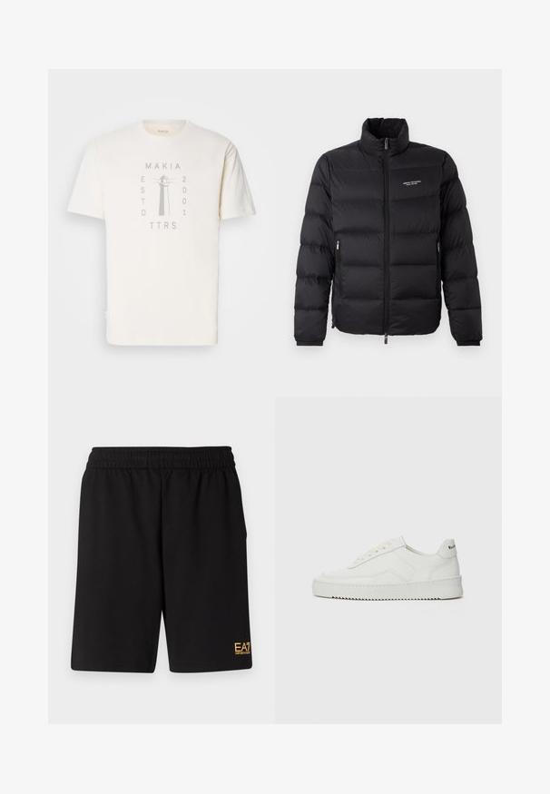 Chaqueta acolchada negra con cuello alto, que presenta un cierre frontal y dos bolsillos laterales. Tejido ligeramente acolchado con el logotipo de la marca en el pecho.; Camiseta de algodón crema con un gráfico de faro en gris claro que incluye el texto "MAKIA", "ESTD 2001" y "TTRS". Mangas cortas, escote redondo.; Pantalones cortos deportivos negros de tejido suave, con una cintura elástica y un pequeño logo amarillo de EA7 en la parte inferior de la pierna izquierda.; Zapatilla de cuero blanca con un acabado suave, puntera redonda, cordones planos y suela texturizada. Cuenta con un sutil logo en el talón.