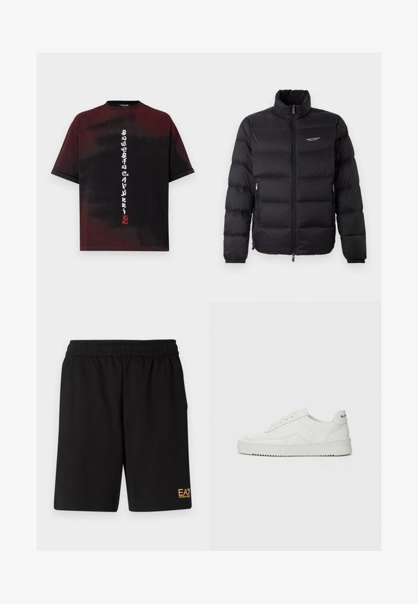 Casaco puffer preto com colarinho alto, apresentando um fecho éclair frontal e dois bolsos laterais. Tecido ligeiramente acolchoado com o logótipo da marca no peito.; T-shirt de manga curta em preto e vermelho escuro com efeito tie-dye, apresentando uma escrita asiática estilizada vertical em branco e um pequeno carimbo vermelho no centro da parte frontal.; Calções desportivos pretos feitos de um tecido suave, com um cós elástico e um pequeno logótipo amarelo EA7 na parte inferior da perna esquerda.; Sapatilha de couro branco com acabamento suave, bico redondo, atacadores planos e uma sola texturizada. Apresenta um logotipo discreto no calcanhar.