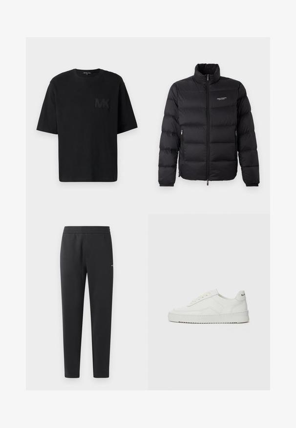 Mustapuffer-takki korkealla kauluksella, jossa on etuvetoketju ja kaksi sivutaskua. Keeledynelty kangas, jossa brändin logo rinnassa.; Mustaharju t-paita mustasta puuvillasta, jossa on lyhyet hihat, pyöreä kaula-aukko ja teksturoitu "MK"-logo vasemmassa rinnassa. Yksinkertainen, rento istuvuus.; Mustat verkkarit, jotka on valmistettu pehmeästä kankaasta. Niissä on joustava vyötärö, suorat lahkeet ja pieni logo-yksityiskohta sivulla.; Valkoinen nahkakenkä, jossa on sileä pinta, pyöreä kärki, tasaiset nauhat ja teksturoitu pohja. Sisältää huomaamattoman logon kantapäässä.
