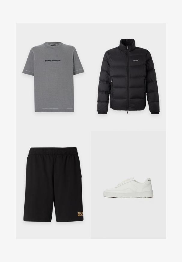 Melna pūkaina jaka ar augstu apkakli, ar priekšējo rāvējslēdzēju un divām sānu kabatām. Viegls, quiltēts audums ar zīmola logo uz krūtīm.; Pelēkā un melnā svītru īsām piedurknēm T-kreklu ar apaļu kaklu un "EMPORIO ARMANI" emblēmu centrā, ar gludu tekstūru.; Melnas sporta šortus, kas izgatavoti no mīksta auduma, ar elastīgu jostu un mazu dzeltenu EA7 logo zem kreisā kājas stūra.; Baltas ādas sneakers ar gludu virsmu, apaļu pirkstu daļu, plakaniem šņorēm un teksturētu zoli. Satur diskrētu logotipu uz papēža.