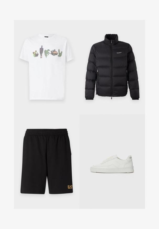 Crna puf jaka s visokim ovratnikom, s prednjim zatvaračem i dva bočna džepa. Lagano kviltano platno s logotipom branda na prsima.; Bijela pamučna majica s šarenim printovima različitih kaktusa i dizajnom lista na prsima u raznim nijansama zelene i ružičaste boje.; Crne atletske kratke hlače od mekanog materijala, s elastičnim pojasom i malim žutim EA7 logotipom na donjoj lijevoj nozi.; Bijele kožne tenisice s glatkom površinom, okruglim vrhom, ravnim vezicama i teksturiranom potplatom. Imaju suptilan logo na peti.