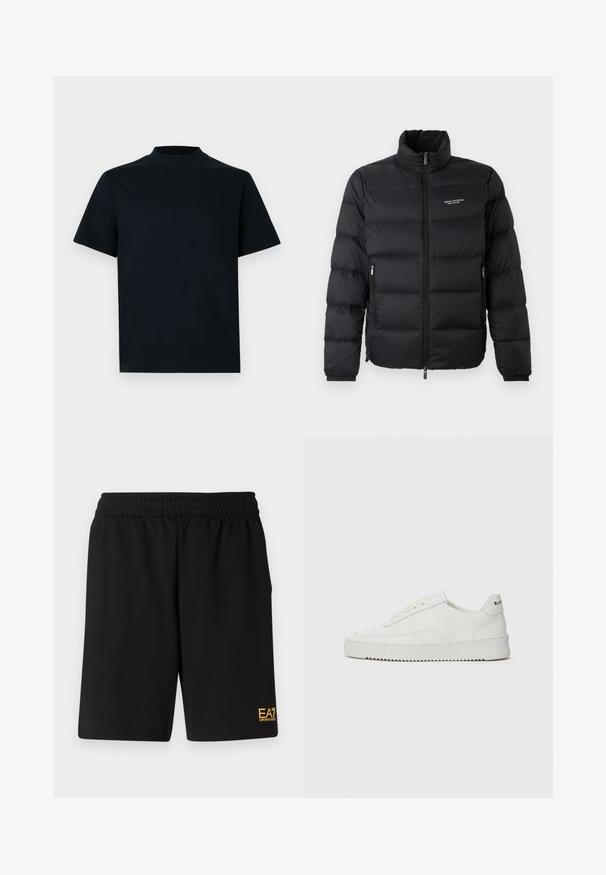 Čierna zateplená bunda s vysokým golierom, s predným zipsom a dvoma bočnými vreckami. Jemne prešívaná tkanina s logom značky na hrudi.; Krátky rukáv tričko v jednoliatej čiernej farbe s vysokým výstrihom. Vyrobené z hladkej tkaniny, s minimalistickým dizajnom a diskrétnym brandingom na hrudi.; Čierne športové šortky vyrobené z jemného materiálu, s elastickým pásom a malým žltým logom EA7 na dolnej ľavej nohe.; Biele kožené tenisky s hladkým povrchom, okrúly špičkový dizajn, ploché šnúrky a textúrovaná podrážka. Obsahujú jemné logo na päte.