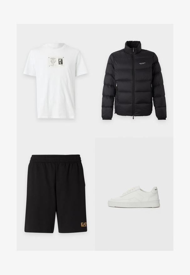 Čierna zateplená bunda s vysokým golierom, s predným zipsom a dvoma bočnými vreckami. Jemne prešívaná tkanina s logom značky na hrudi.; Biely bavlnený tričko s čiernobielou grafickou potlačou lebky v obdĺžnikovom rámci na prednej strane. Krátke rukávy, okrúhly výstrih.; Čierne športové šortky vyrobené z jemného materiálu, s elastickým pásom a malým žltým logom EA7 na dolnej ľavej nohe.; Biele kožené tenisky s hladkým povrchom, okrúly špičkový dizajn, ploché šnúrky a textúrovaná podrážka. Obsahujú jemné logo na päte.