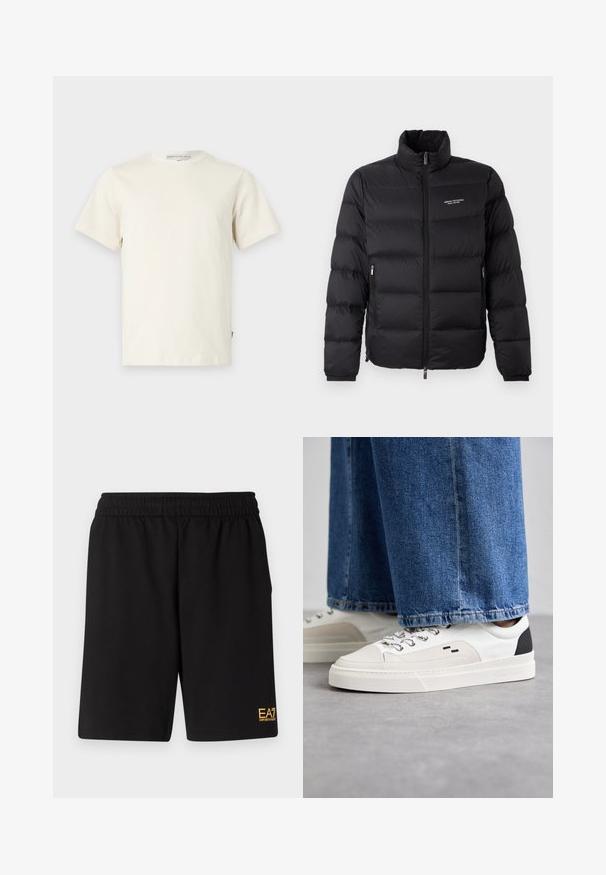 Schwarze Steppjacke mit hohem Kragen, ausgestattet mit einem Reißverschluss vorne und zwei Seitentaschen. Leicht gestepptes Material mit Logo auf der Brust.; Hellbeige Baumwoll-T-Shirt mit rundem Ausschnitt und kurzen Ärmeln. Hat einen geraden Schnitt und ein kleines Logotag auf der linken Seite.; Schwarze Sportshorts aus weichem Material, mit einem elastischen Bund und einem kleinen gelben EA7-Logo am unteren linken Bein.; Weiße und schwarze Sneaker mit einem Obermaterial aus glattem Leder, strukturierten Akzenten und einer massiven weißen Sohle. Verfügt über ein klassisches Schnürdesign.