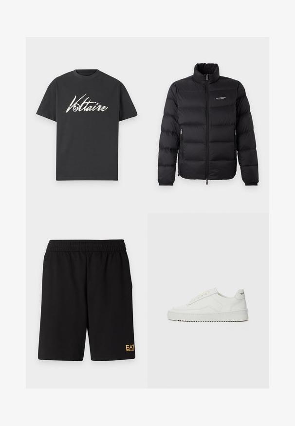 Sort pufferjakke med høj krave, med en frontlynlås og to sidelommer. Let quiltet stof med mærkets logo på brystet.; Sort bomulds T-shirt med et stort hvidt grafisk tryk af "Voltaire" med et kraniedesign. Korte ærmer, rund halsudskæring og afslappet pasform.; Sorte atletiske shorts lavet af blødt stof, med en elastisk talje og et lille gult EA7-logo nederst på venstre ben.; Hvide lædersneakers med en glat overflade, rund tå, flade snørebånd og en tekstureret sål. Har et diskret logo på hælen.