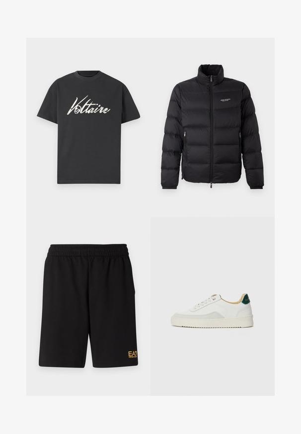 Sort pufferjakke med høj krave, med en frontlynlås og to sidelommer. Let quiltet stof med mærkets logo på brystet.; Sort bomulds T-shirt med et stort hvidt grafisk tryk af "Voltaire" med et kraniedesign. Korte ærmer, rund halsudskæring og afslappet pasform.; Sorte atletiske shorts lavet af blødt stof, med en elastisk talje og et lille gult EA7-logo nederst på venstre ben.; Hvide sneakers med ruskindsdetaljer, rund tå, flade snørebånd og en cremet gummisål. Har grøn branding på hælen.