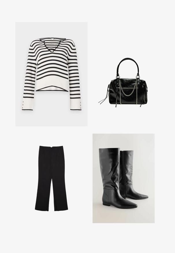 Black leather biker jacket with asymmetrical silver zippers, lapel collar, shoulder epaulets, and zippered pockets.; Black and white striped sweater, V-neck design, long sleeves with button accents, knitted texture, cropped hem.; Black trousers with a straight fit, featuring front pockets and side slits at the hem. Made of soft, smooth fabric. Suitable for various occasions.; Pair of black knee-high leather boots with pointed toes and side zippers on a light background.; Bershka WITH CHAIN - Handbag - black