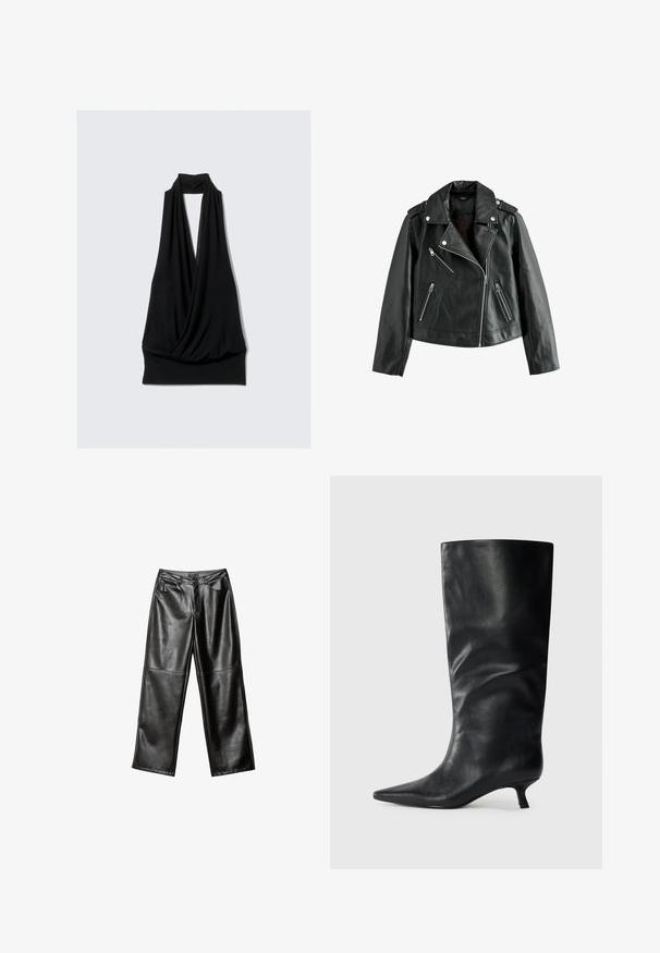 Černá kožená motorkářská bunda s asymetrickými stříbrnými zipy, klopový límec, ramenní výložky a kapsy na zip.; Černý bezramínkový top vyrobený z měkké tkaniny, s draped designem, halter výstřihem a přiléhavým lemem. Bez vzorů nebo hardwaru.; Černé kožené kalhoty s širokými nohavicemi, hladkým povrchem, pěti kapsami a prošitím podél nohavic a pásku.; Černá kožená holínka sahající po kolena s špičatou špičkou a nízkým jehlovým podpatkem, umístěná na jednobarevném světlém pozadí.