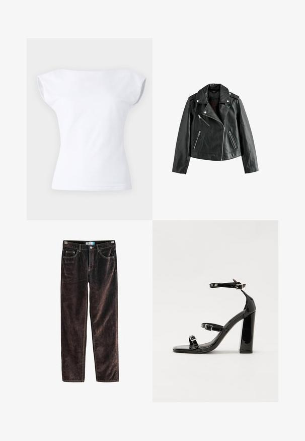 Musta nahkainen moottoripyöräjacketti, jossa on epäsymmetrisiä hopeisia vetoketjuja, kauluksen läppä, olkalaput sekä vetoketjulliset taskut.; Valkoinen lyhythihainen paita, jossa on olkalinjasta paljastava muotoilu, valmistettu pehmeästä puuvillakankaasta. Paita on sileäsivuinen ja istuva.; Ruskeat sametiset suorat housut, joissa on viisi taskua, kontrastiväriset tikkaukset ja nappikiinnitys vyötäröllä. Pehmeä rakenne ribbimäisellä kuvioinnilla.; Musta kiiltävä korkokenkä sandaalit neliönmuotoisella varpaalla, nilkkaremmillä ja hopeisilla soljilla. Varustettu tukevalla lohkokorkealla vakauden takaamiseksi.