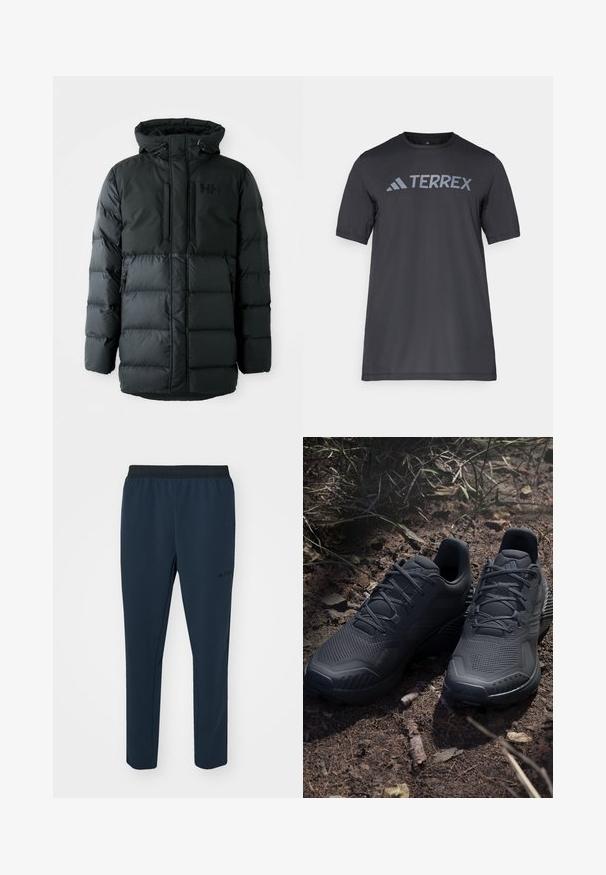 Zwarte pufferjack met een rits aan de voorkant, een verstelbare capuchon en twee ritszakken. Bevat een gestikte textuur en branding op de borst.; Zwarte korte mouwen t-shirt van lichtgewicht stof, met een lichtgrijze "TERREX" logo over de borst en een ronde hals.; adidas Terrex MT - Trainingsbroek - aurora ink; Zwarte sportieve schoenen met een gestructureerde gebreide bovenkant, verstevigde neus en een gevoerde zool, tentoongesteld op aardse grond met verspreide takjes.