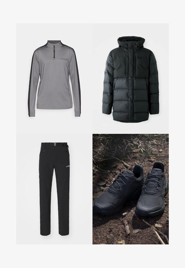 Schwarze Pufferjacke mit Frontreißverschluss, verstellbarem Kapuze und zwei Reißverschlusstaschen. Ausgestattet mit einem gesteppten Textur und Branding auf der Brust.; Grauer langärmeliger Sportoberteil mit halbseitigem Reißverschluss-Kragen, schwarzen Akzenten an den Seiten und "HUMMEL"-Logo auf der Brust. Glattes, leichtes Material.; Schwarze Outdoor-Hosen aus glattem Stoff, mit seitlichen Reißverschlusstaschen, verstärkten Kniepartien und einem verstellbaren Bund mit Schnalle.; Schwarze Sportschuhe mit einem strukturierten Strickobermaterial, verstärkter Zehenkappe und gepolsterten Sohlen, die auf erdigem Boden mit verstreuten Zweigen präsentiert werden.