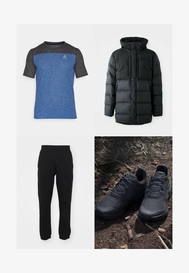 Black puffer jacket with a zip front, adjustable hood, and two zippered pockets. Features a quilted texture and branding on the chest.; Short-sleeve athletic shirt with blue body and black shoulders, made from textured fabric, featuring a small logo on the front.; Black sweatpants made of cotton blend, featuring an elastic waistband, tapered legs, and ribbed cuffs at the ankles. Simple design, no patterns.; Black athletic shoes with a textured knit upper, reinforced toe, and cushioned sole, displayed on earthy ground with scattered twigs.