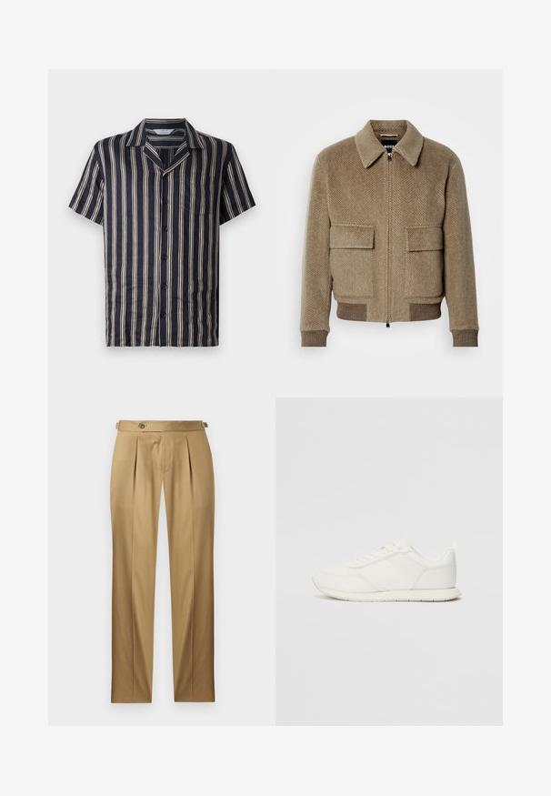 Braune Hahnentrittmuster-Woll-Bomberjacke mit einem Reißverschluss, zwei aufgesetzten Taschen und gerippten Bündchen. Besitzt einen klassischen Kragen und eine subtile Textur.; Marineblaues Kurzarmhemd mit vertikalen cremefarbenen Streifen, Notchkragen, Brusttasche und Knopfverschluss, aus leichtem, weichem Stoff.; Beige Hose mit geradem Schnitt, versehen mit Abnähern, einem Knopfverschluss und Gürtelschlaufen. Glatter Stoff mit einem sauberen, maßgeschneiderten Aussehen.; Weißer Sneaker mit einem Obermaterial aus Mesh und Synthetik, runder Zehenform, flachen Schnürsenkeln und einem strukturierten Seitenstreifen. Gummisohle mit einer Lasche hinten.
