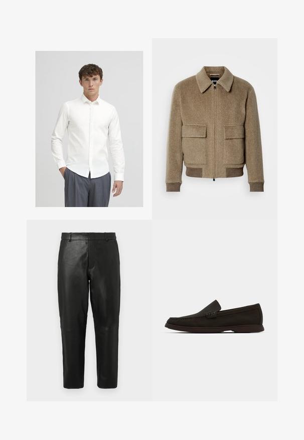 Ruskea herringbone-villabomberitakki, jossa on vetoketjukiinni, kaksi päällystaskua ja ribbaidut hihansuut. Mukana klassinen kaulus ja hillitty tekstuuri.; Valkoinen pitkähihainen nappipaita, joka on valmistettu sileästä kankaasta. Siinä on klassinen kaulus ja slim fit -leikkaus, yhdistettynä harmaisiin pinstripe-housuihin.; Mustat nahkasuorat lahkeet, joissa on vyölenkit ja sivutaskut, esitettynä yksinkertaisen vaalean taustan edessä.; Tummanruskeat mokkanahkasaappaat, joissa on ommeltu varvas, matala kumipohja ja rakennekoristeet ylemmässä osassa.