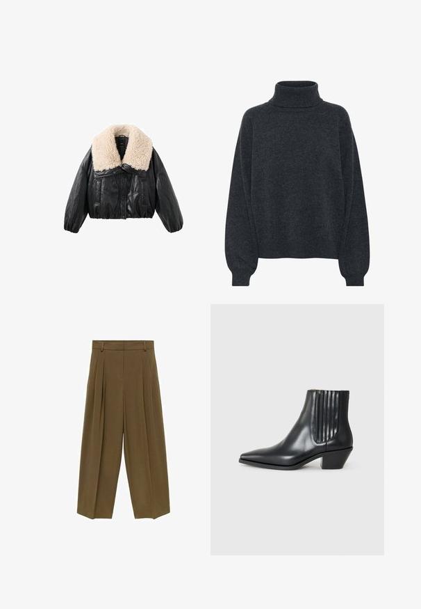 Giacca cropped in faux pelle nera con colletto in shearling crema, maniche a sbuffo e chiusura frontale con bottoni. Presenta due tasche laterali.; Gestuz MANZI ROLLNECK - Maglione - deep graphite; Pantaloni a pieghe marroni con vita alta, gamba larga e texture di tessuto morbida, progettati con quattro passanti per cintura e una parte frontale pulita.; Stivaletto in pelle nera con punta affusolata, pannelli laterali elasticizzati con scanalature verticali e tacco basso a blocco. Texture liscia e design elegante.