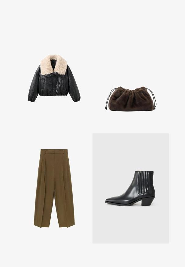 Sort faux læder cropped jakke med en cremefarvet shearling krave, puffede ærmer og lukning med knapper i front. Har to sidelommer.; Gestuz MANZI ROLLNECK - Striktrøje - deep graphite; Brune pliserede bukser med høj talje, brede ben og blød stoftekstur, designet med fire bæltesløjfer og en ren front.; Sorte læder ankelstøvle med spids tå, elastiske sidepaneler med lodrette riller og en lav blokhæl. Glat tekstur og slankt design.; Blød, mørkebrun faux fur pouch taske med samlet top og sorte snore i hver side.