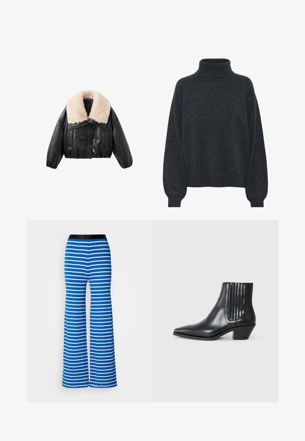 Veste cropped en simili cuir noir avec un col en fausse fourrure crème, des manches bouffantes et une fermeture à boutons sur le devant. Comprend deux poches latérales.; Gestuz MANZI ROLLNECK - Pullover - deep graphite; Pantalons évasés rayés bleu et blanc avec une ceinture élastique noire. Présente une texture lisse et des rayures horizontales régulières.; Bottine en cuir noir avec un bout pointu, des panneaux latéraux élastiques avec des rainures verticales, et un petit talon bloc. Texture lisse et design épuré.