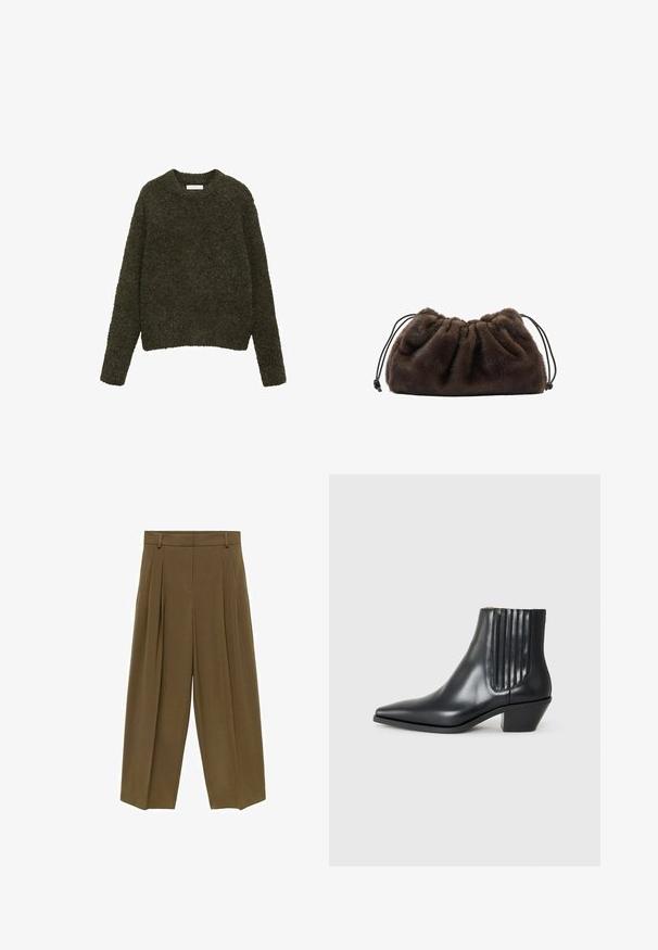 Zwarte faux leren cropped jas met een crèmekleurige schapenvachtkraag, opbollende mouwen en een sluiting met knopen aan de voorkant. Voorzien van twee zijzakken.; Donkergroen, geweven trui met een ronde hals en lange mouwen; zacht garen met een v fuzzy uiterlijk, korte pasvorm.; Bruine geplooide broeken met een hoge taille, wijd uitlopende benen en een zachte stoftextuur, ontworpen met vier ceintuurlussen en een schone voorkant.; Zwarte leren enkellaars met spitse neus, elastische zijpanelen met verticale groeven en een lage blokhak. Glad oppervlak en slank ontwerp.; Zachte donkerbruine nepbont pouch tas met een geplooide bovenkant en zwarte trekkoorden aan elke kant.