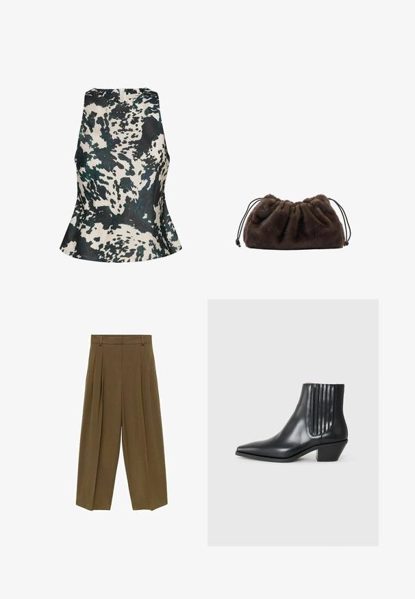 Jachetă scurtă din piele sintetică neagră cu guler din blană crem, mâneci bufante și închidere cu nasturi în față. Include două buzunare laterale.; Gestuz CERI - Bluză - green ox; Pantaloni plisati maro cu talie inalta, picioare largi si textura moale a materialului, conceputi cu patru bucle pentru centura si un front curat.; Cizme negre din piele, până la gleznă, cu vârful ascuțit, panouri elastice pe laterale cu striații verticale și toc mic, de tip bloc. Textură netedă și design elegant.; Geantă plic din blană sintetică moale, de culoare maro închis, cu partea superioară strânsă și șnururi negre de fiecare parte.