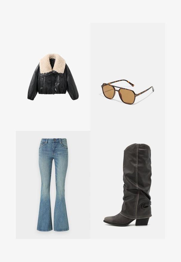 Veste cropped en simili cuir noir avec un col en fausse fourrure crème, des manches bouffantes et une fermeture à boutons sur le devant. Comprend deux poches latérales.; T-shirt noir à manches courtes en coton lisse, avec un col rond et une coupe ajustée. Aucun motif ou accent visible.; Jeans évasés bleu clair fabriqués en denim. Comprend une fermeture à bouton à l'avant, cinq poches et un léger délavage pour la texture.; Bottines en cuir gris hauteur mollet avec un design décontracté, bout pointu et talon empilé. Détails de couture remarquables sur la zone des orteils.; Lunettes de soleil teintées de brun avec une monture en écaille de tortue, des verres rectangulaires et des branches fines ornées d'un motif d'accent orange.