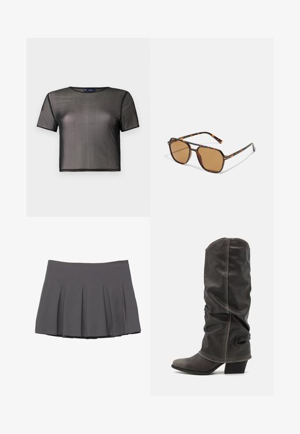 Giacca cropped in faux pelle nera con colletto in shearling crema, maniche a sbuffo e chiusura frontale con bottoni. Presenta due tasche laterali.; Top corto a maniche corte di colore nero realizzato in materiale trasparente, con colletto rotondo e bordi neri. Leggero e con una consistenza liscia.; Gonna grigia a pieghe con texture liscia, caratterizzata da dettagli cuciti e una vita aderente, che termina a metà coscia.; Stivali in pelle grigia al polpaccio con un design morbido, punta affilata e tacco impilato. Dettagli di cucitura evidenti nell'area della punta.; Occhiali da sole marroni con montatura in tartaruga, lenti rettangolari e aste sottili con motivo arancione.; Fred Perry Borsa da viaggio - rouge