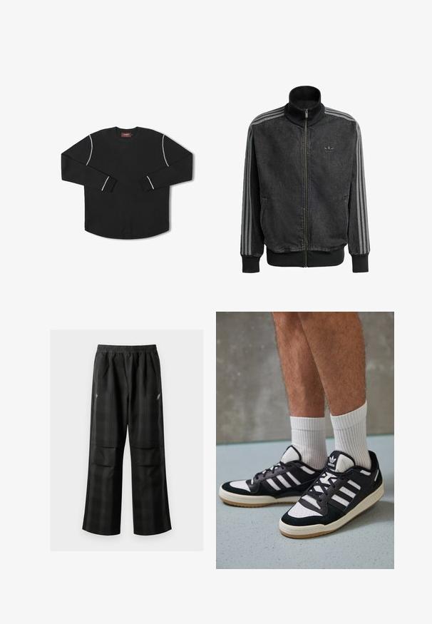 Black zip-up athletic jacket with high collar, grey three-stripe accents along sleeves, and ribbed cuffs and hem. Features subtle logo on chest.; Black long-sleeve sweater with a textured fabric, round neckline, and white accent stitching along the shoulder seams and cuffs.; Black plaid pants featuring an elastic waistband, two front pockets, and a loose fit with a straight leg design. Made from lightweight material.; Black and white sneakers with a suede and leather upper, featuring three white stripes, a perforated toe, and a gum rubber sole.