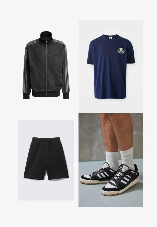 Giacca sportiva nera con zip e colletto alto, accenti grigi a tre strisce lungo le maniche e polsini e orlo a coste. Presenta un logo discreto sul petto.; T-shirt in cotone blu navy con maniche corte, scollatura rotonda e logo ricamato con accenti di alloro sul petto sinistro.; Pantaloni sportivi neri realizzati in morbido tessuto, con vita elastica e coulisse, e due tasche frontali. Tessuto liscio, lunghezza fino al ginocchio.; Sneaker bianco e nero con tomaia in suede e pelle, caratterizzati da tre strisce bianche, punta perforata e suola in gomma naturale.