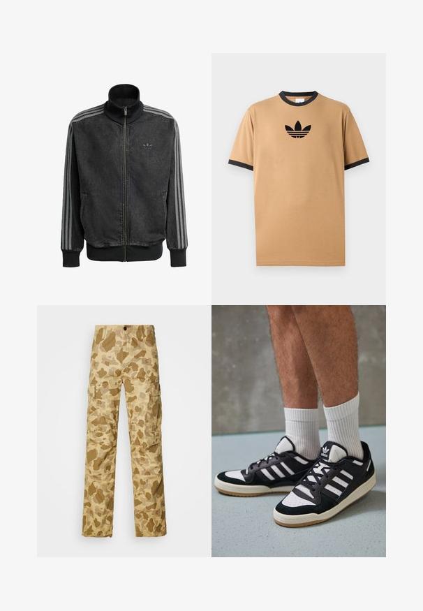 Black zip-up athletic jacket with high collar, grey three-stripe accents along sleeves, and ribbed cuffs and hem. Features subtle logo on chest.; Tan cotton t-shirt with a black ribbed crew neckline and cuffs. Features a black Adidas logo with three stripes below the logo on the chest.; Beige cargo pants with a light brown camouflage pattern, featuring two side pockets and a straight leg design. Textured fabric with subtle stripes.; Black and white sneakers with a suede and leather upper, featuring three white stripes, a perforated toe, and a gum rubber sole.