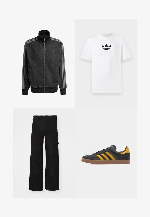 Giacca sportiva nera con zip e colletto alto, accenti grigi a tre strisce lungo le maniche e polsini e orlo a coste. Presenta un logo discreto sul petto.; T-shirt bianco in cotone con logo Adidas nero al centro. Maniche corte e design con girocollo. Texture liscia.; Pantaloni cargo neri realizzati in misto cotone, con una vestibilità ampia, due tasche laterali, chiusura a bottone e una texture liscia con un motivo sottile.; Sneaker in suede nero con dettagli gialli, dotato di tre strisce e una suola in gomma marrone. Include una linguetta imbottita per il comfort.