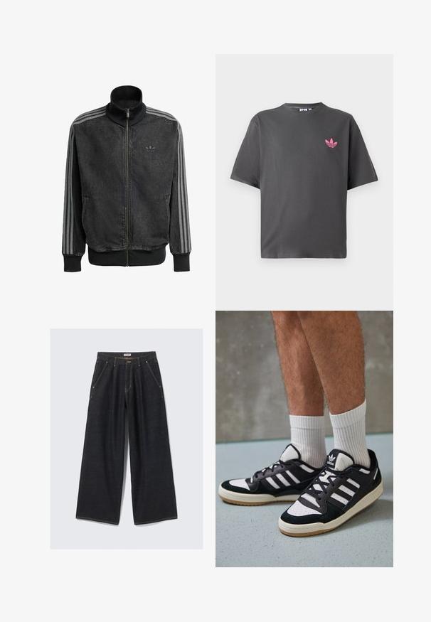 Veste de sport noire zippée avec col haut, accents gris à trois bandes le long des manches, et poignets et ourlet côtelés. Présente un logo discret sur la poitrine.; T-shirt gris foncé à manches courtes avec un petit logo trefoil rose Adidas sur la poitrine gauche, présenté sur fond blanc.; Jean large bleu foncé avec plis avant, poches inclinées, passants de ceinture et fermeture à bouton à la taille étiquetée "WEEKDAY."; Baskets noir et blanc avec une tige en suède et cuir, comportant trois rayures blanches, un bout perforé et une semelle en caoutchouc gum.