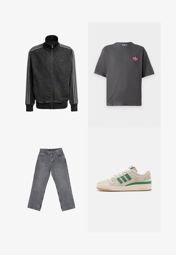 Giacca sportiva nera con zip e colletto alto, accenti grigi a tre strisce lungo le maniche e polsini e orlo a coste. Presenta un logo discreto sul petto.; T-shirt corto grigio scuro con maniche corte e un piccolo logo trefoil rosa di Adidas sul lato sinistro del petto, esposto su uno sfondo bianco.; Pantaloni in denim grigio con taglio dritto, dotati di cinque tasche, passanti per la cintura e una texture sbiadita. Design semplice, senza motivi visibili.; Sneaker Adidas con tomaia in pelle beige, strisce verdi e suola in gomma. Presenta una collare imbottito e punte perforate per la traspirabilità.